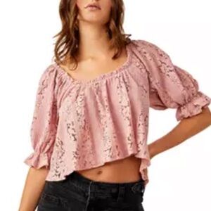 FREE PEOPLE STACEY HALF SLEEVE FLORAL LACE TOP MEDIUM PINK